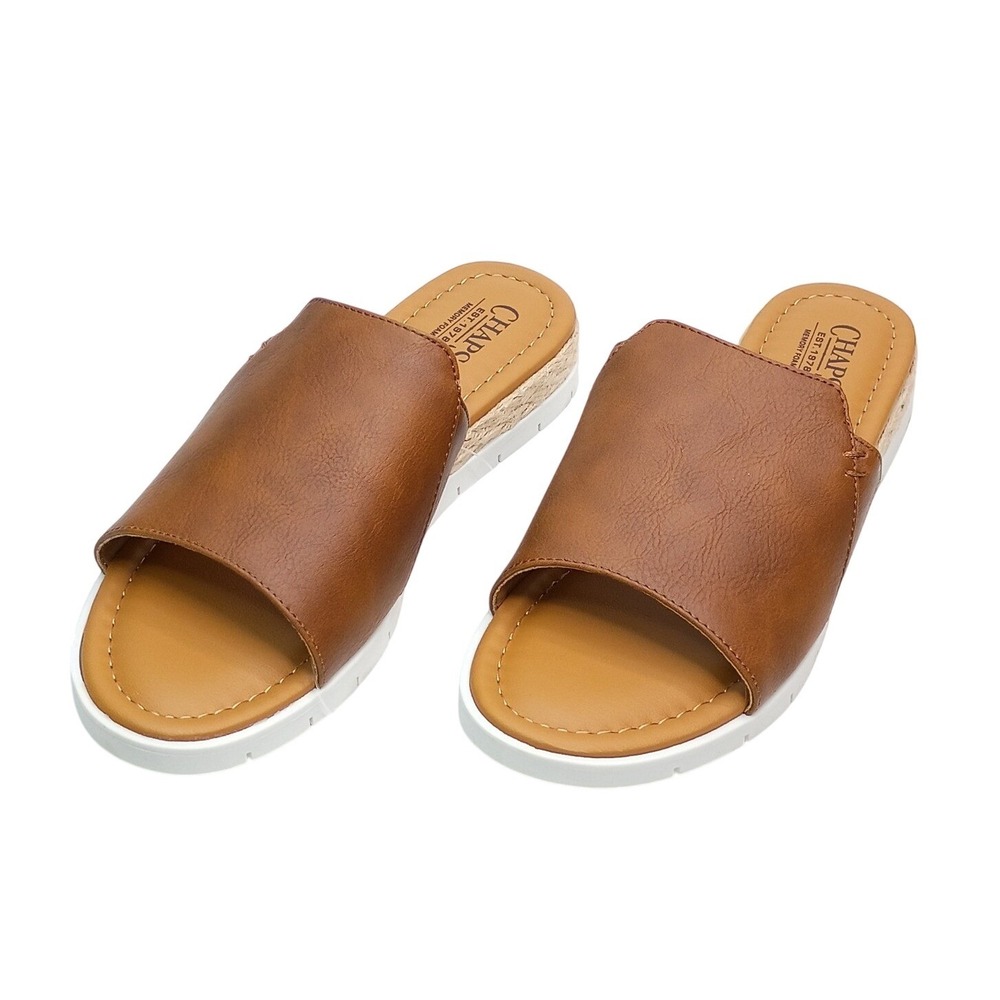 Chaps Nerissa Slide Sandals Women Size 10 Tan Faux Leather Espadrille Platform
